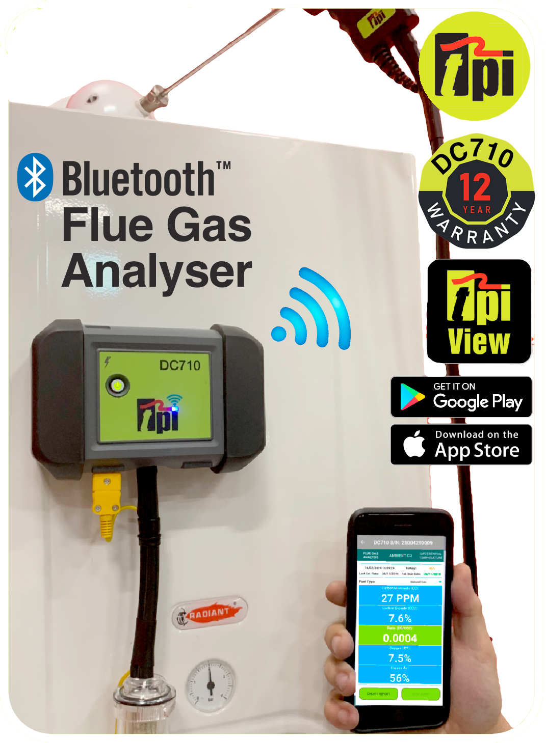 TPI DC710 Bluetooth-Enabled Flue Gas Analyser With Charger – Kit 2: Kit 1 + Sampling Probe