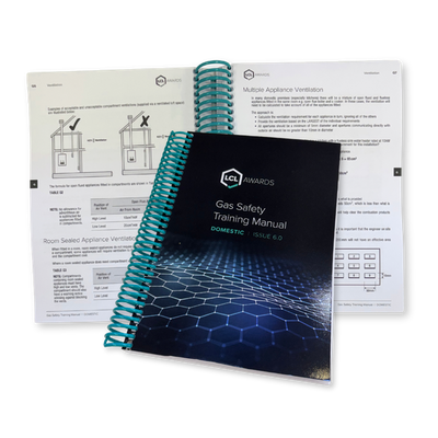 LCL Awards Domestic Gas Safety Training Manual, Issue 6.0, with turquoise spiral binding.