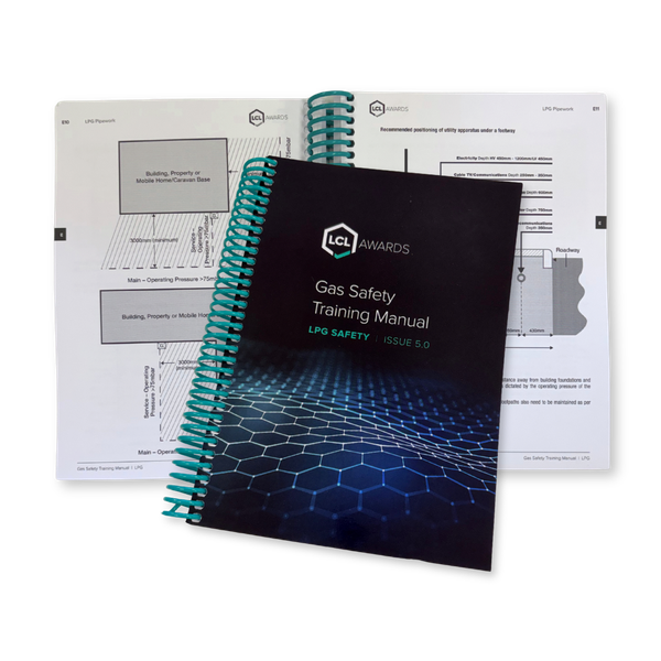 LCL Awards LPG Gas Safety Training Manual, Issue 5.0, with turquoise spiral binding.