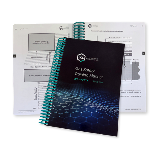 LCL Awards LPG Gas Safety Training Manual, Issue 5.0, with turquoise spiral binding.