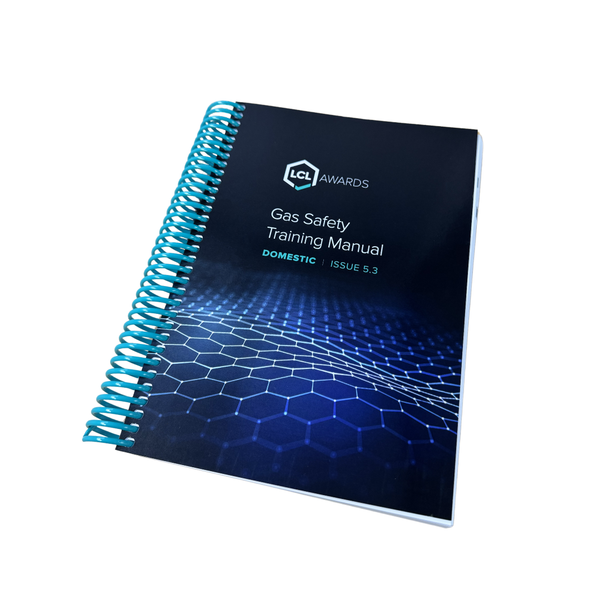 LCL Awards Domestic Gas Safety Training Manual, Issue 5.3, with a dark blue cover and turquoise spiral binding.
