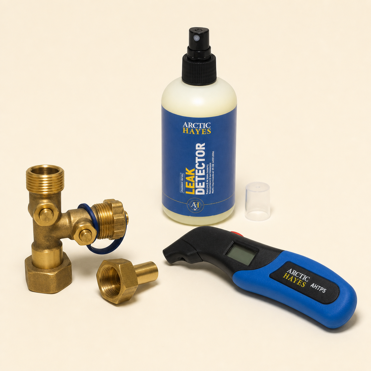 Expansion vessel service bundle with digital pressure checker, service valve and non-aerosol leak detector.