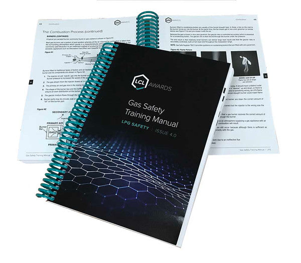 LCL Awards LPG Gas Safety Training Manual, Issue 4.0, with a dark blue cover and turquoise spiral binding, shown with open manual pages behind.