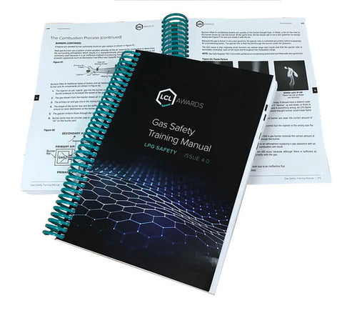 LCL Awards LPG Gas Safety Training Manual, Issue 4.0, with a dark blue cover and turquoise spiral binding, shown with open manual pages behind.