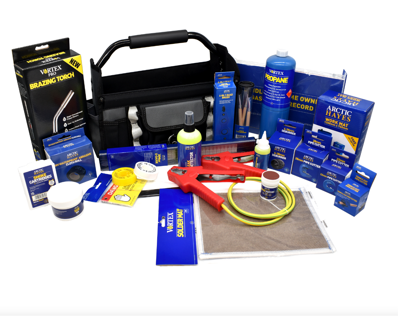TomKat Gas Engineer Starter Tool Kit arranged with tool bag