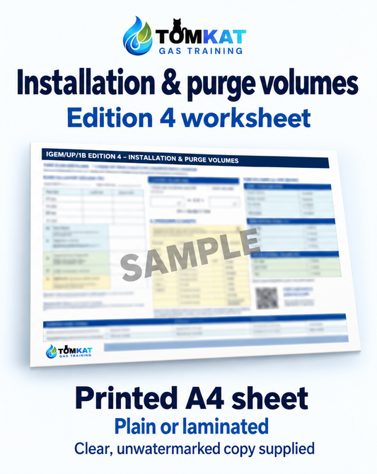 TomKat Edition 4 installation and purge volumes worksheet. Printed A4 sheet, available plain or laminated. Clear, unwatermarked copy supplied.