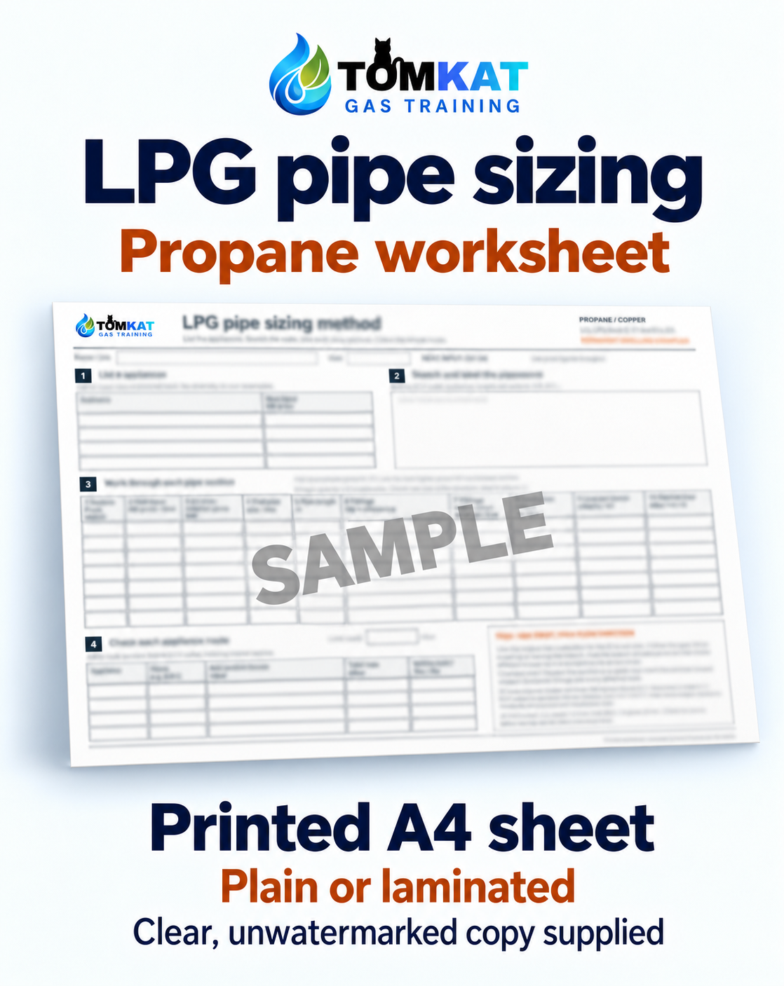 LPG propane pipe-sizing worksheet. Printed A4 sheet, plain or laminated. Obscured sample; clear copy supplied.