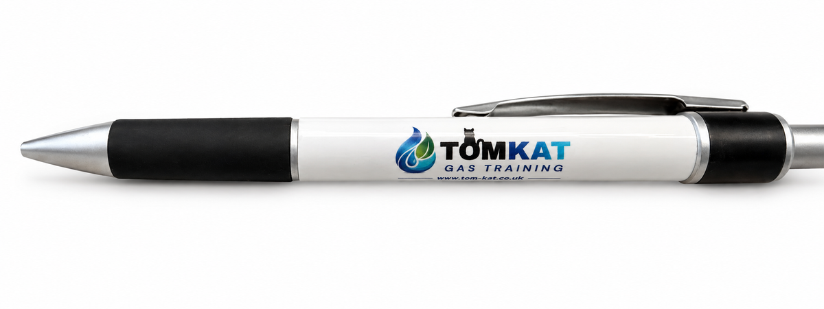 TomKat Gas Training branded pen with white barrel, black grip and silver trim
