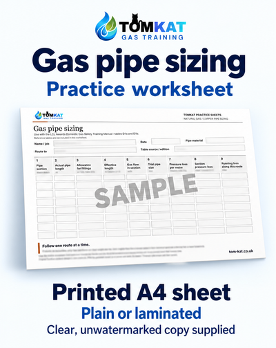 TomKat gas pipe-sizing practice worksheet. Printed A4 sheet, available plain or laminated. Clear, unwatermarked copy supplied.