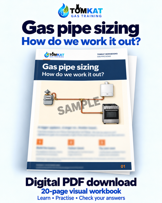 TomKat Gas Pipe Sizing digital PDF download, 20-page visual workbook. Sample with teaching text obscured; clear PDF supplied.