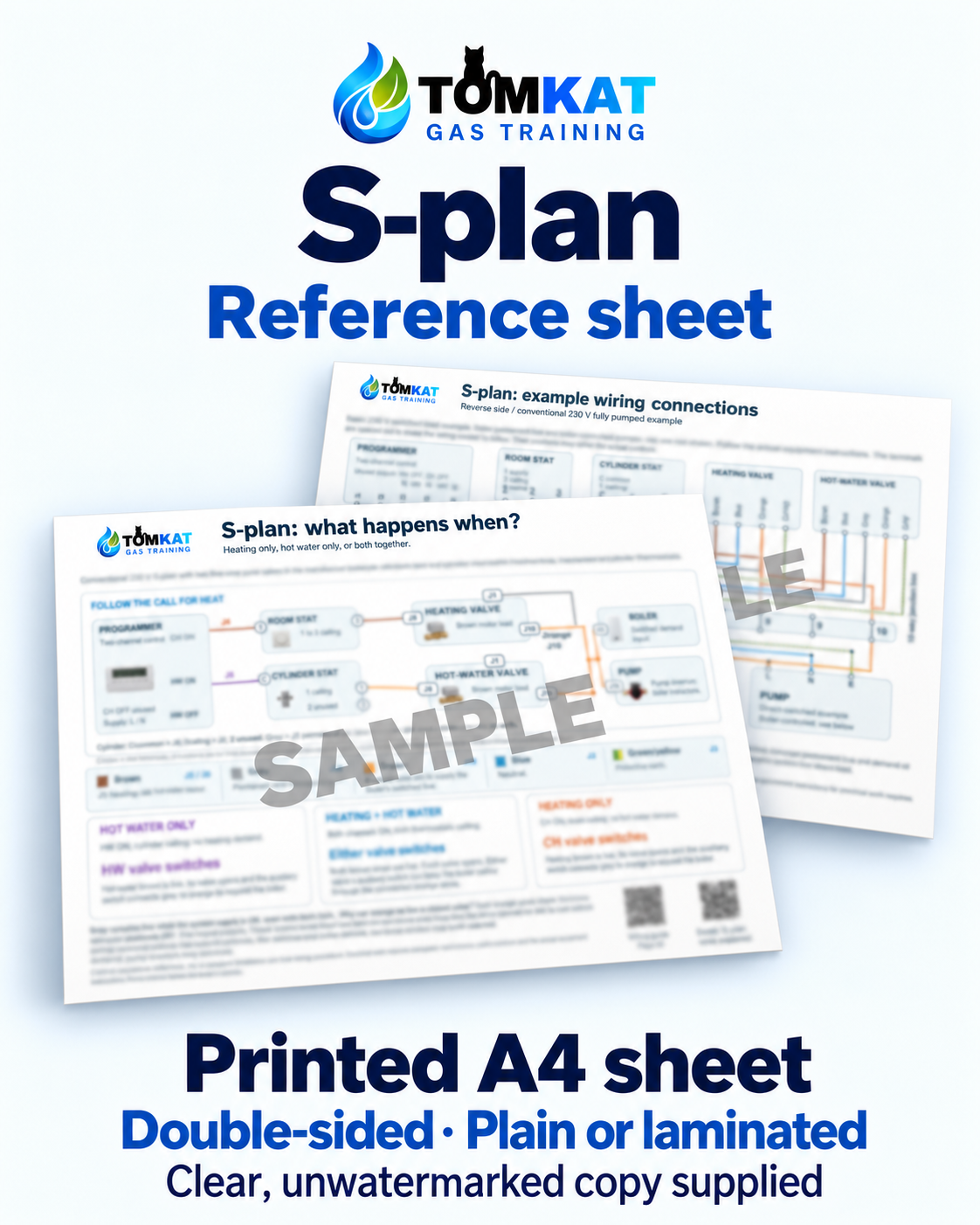 TomKat S-plan reference sheet, printed double-sided A4. Front and back shown as obscured SAMPLE previews; clear, unwatermarked copy supplied.