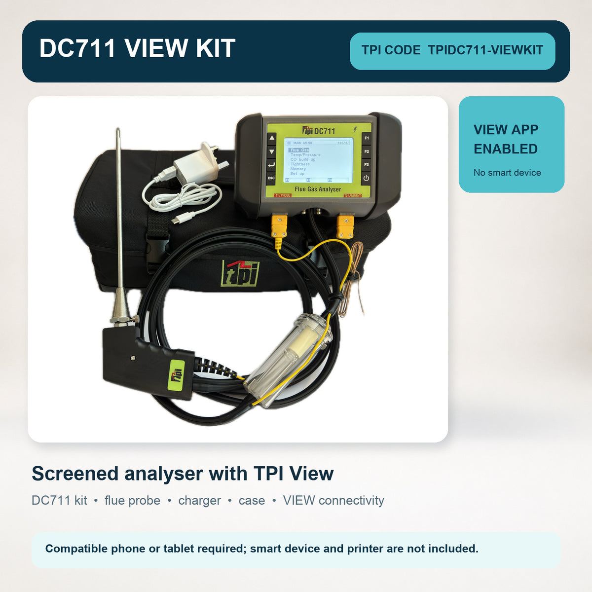 TPI DC711 Flue Gas Analyser With Probe, Charger And Free Gas Sniffer