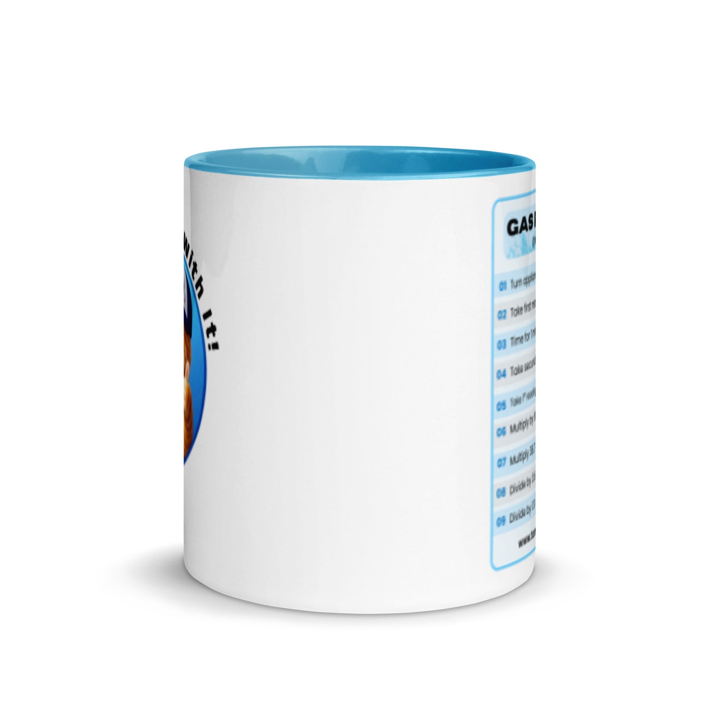 Gas Rate Mug with blue interior and handle, front view