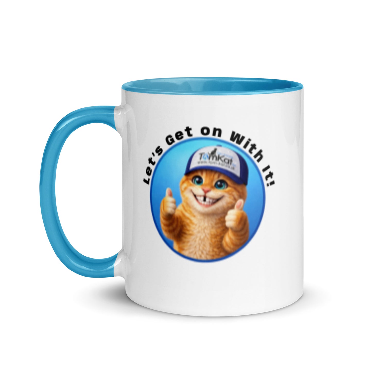 Gas Rate Mug with blue interior and handle, left-side view