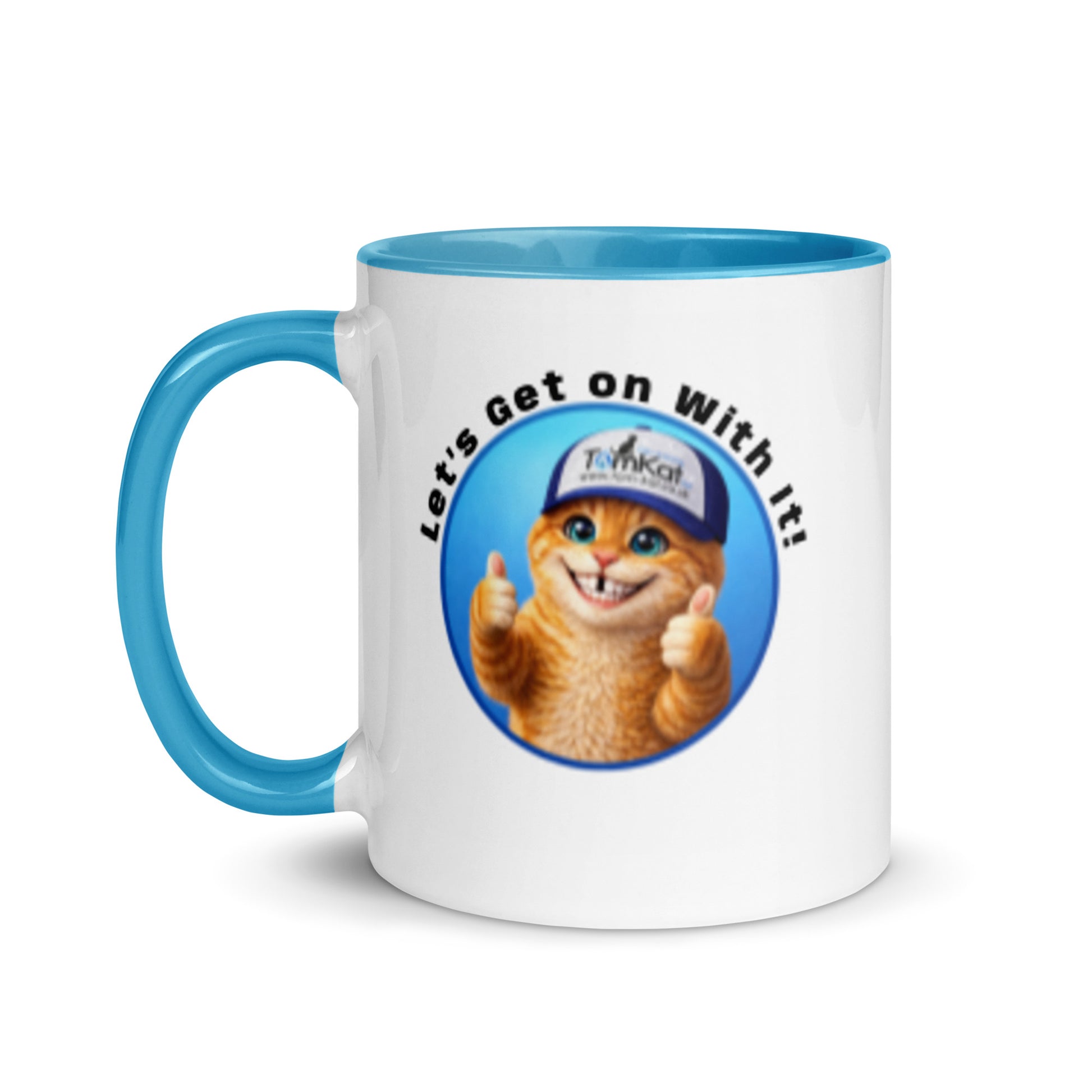 Gas Rate Mug with blue interior and handle, left-side view