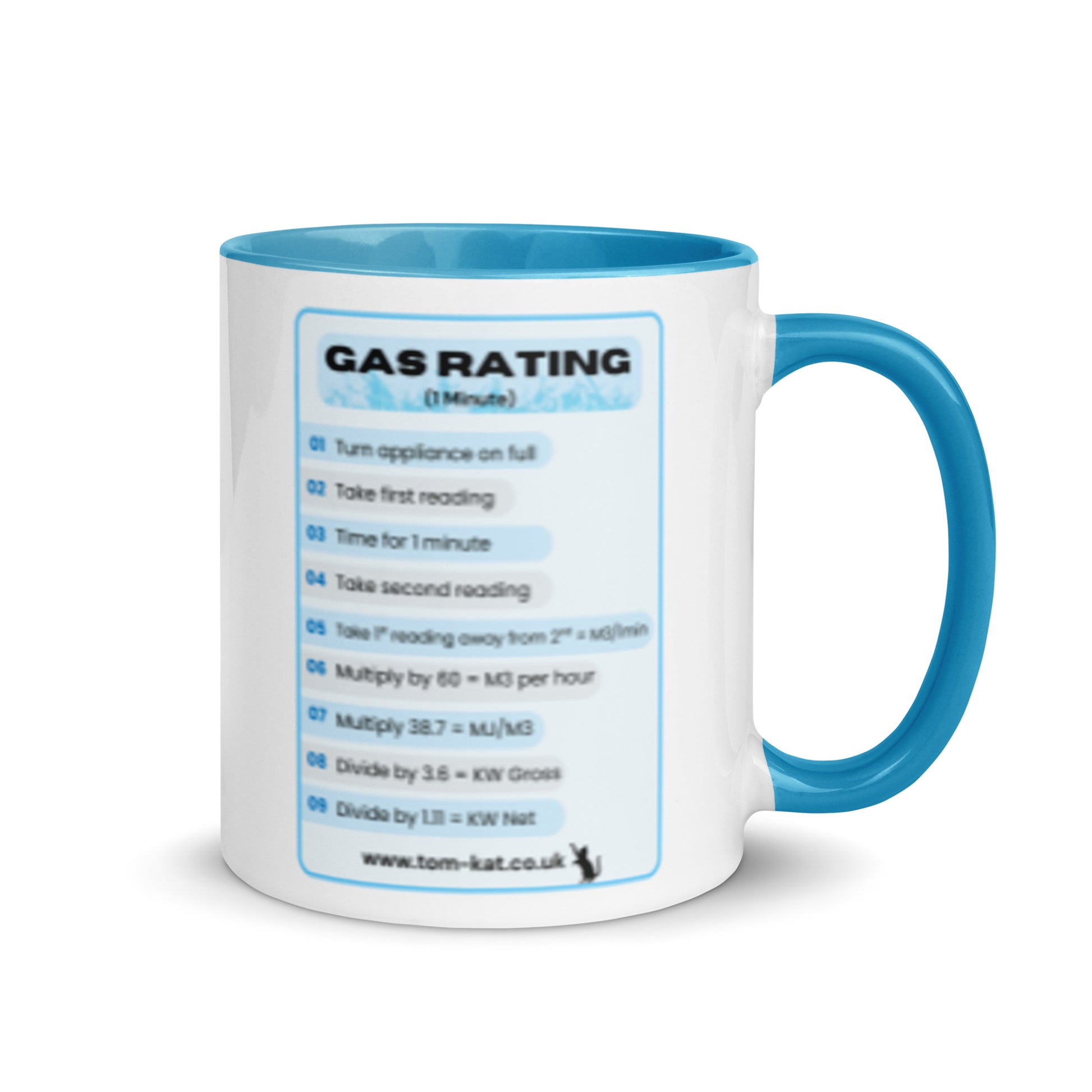 Gas Rate Mug with blue interior and handle, right-side view