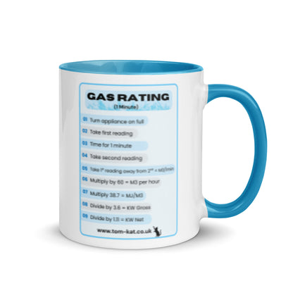 Gas Rate Mug with blue interior and handle, right-side view
