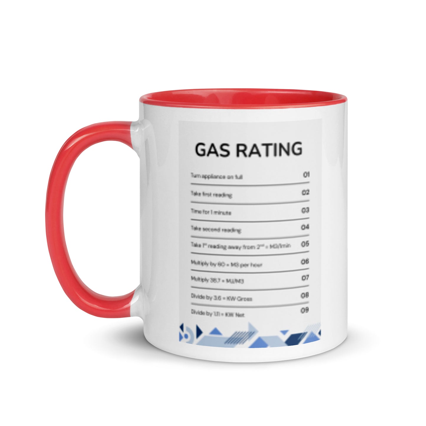 1-Minute Gas Rate Procedure Mug with red interior and handle, left-side view