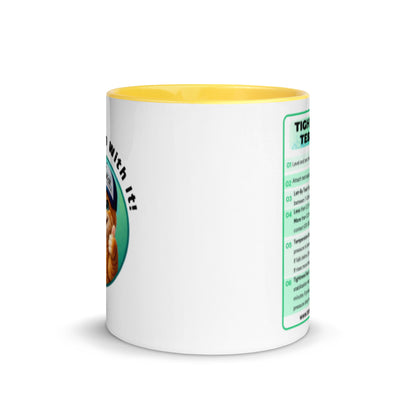 Tightness Testing Mug with yellow handle and TomKat design, front view