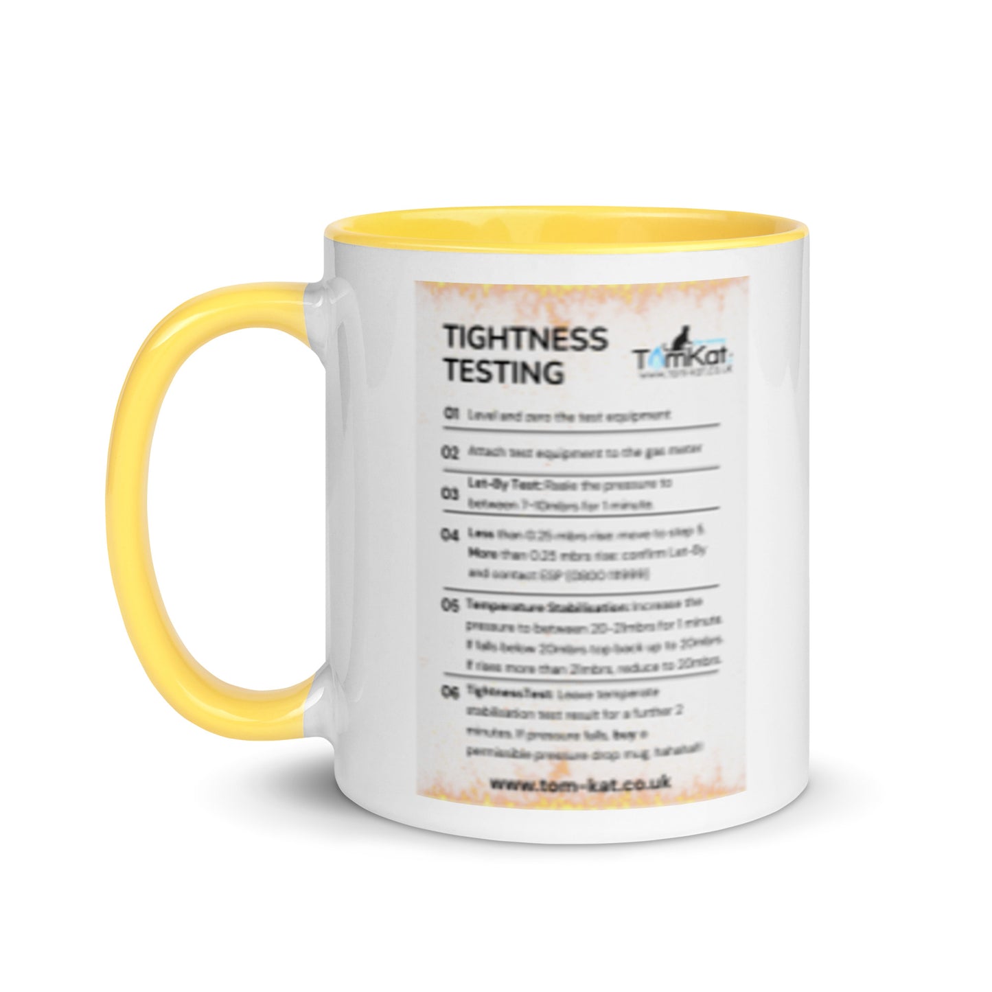 Tightness Testing Procedure Mug with yellow interior and handle, left-side view