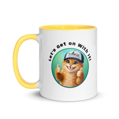 Tightness Testing Mug with yellow handle and Let’s Get on With It TomKat cat design