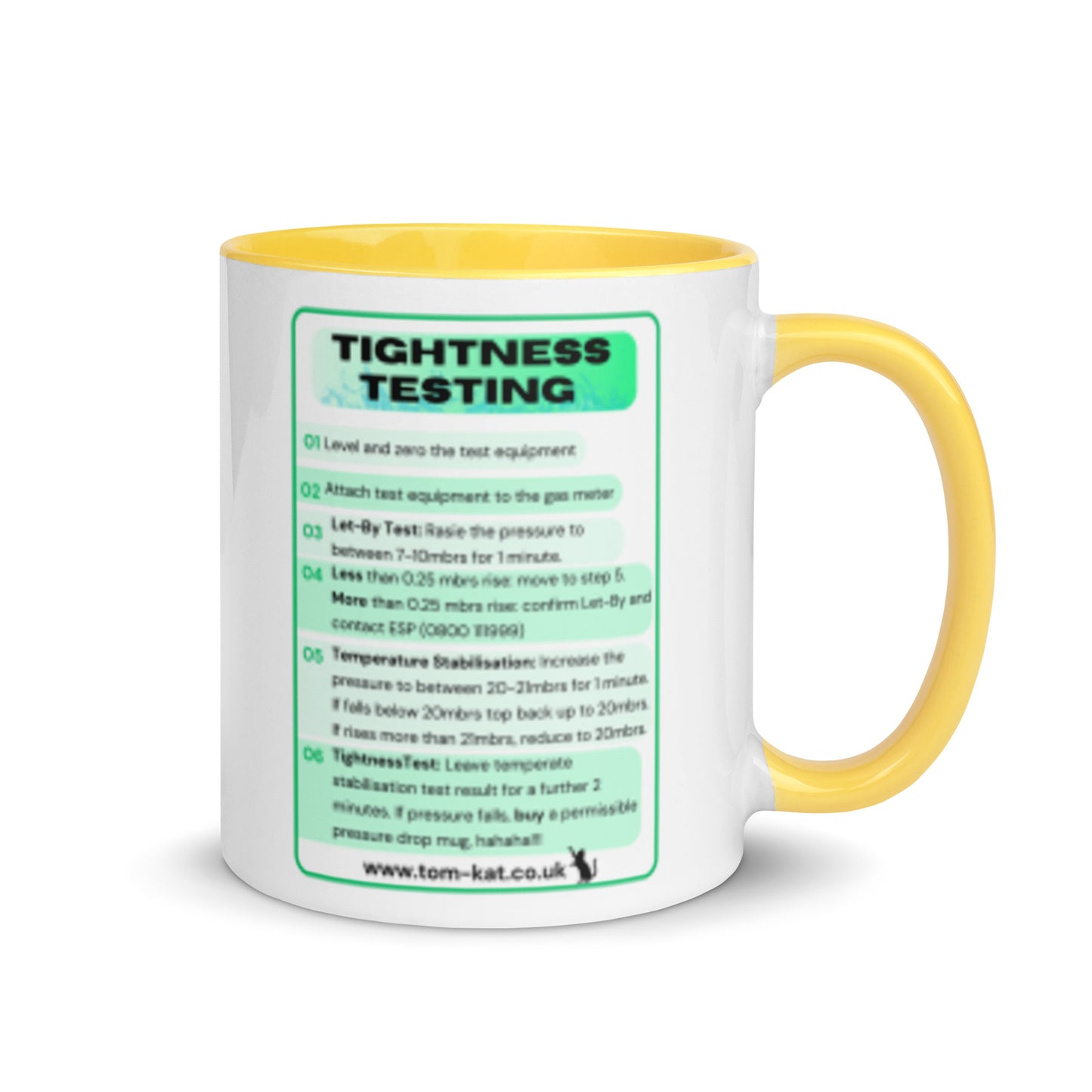 Tightness Testing Mug with yellow handle and printed tightness-testing procedure