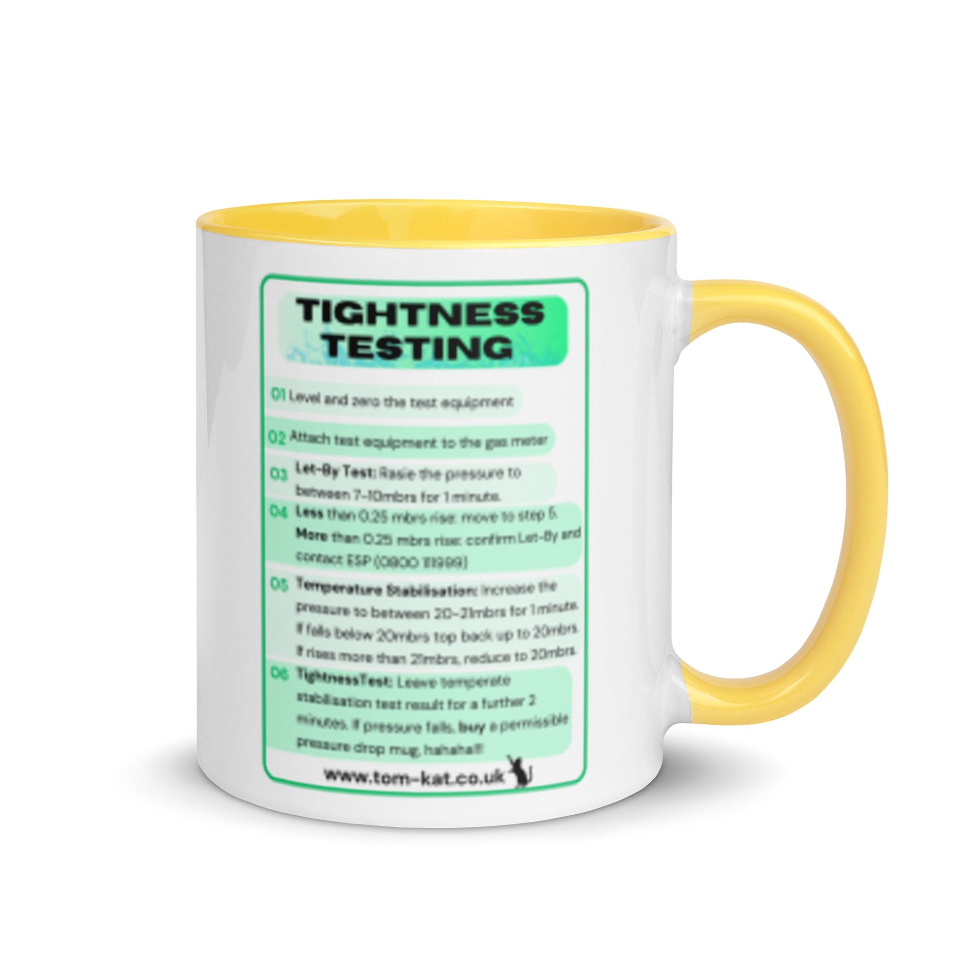 Tightness Testing Mug with yellow handle and printed tightness-testing procedure